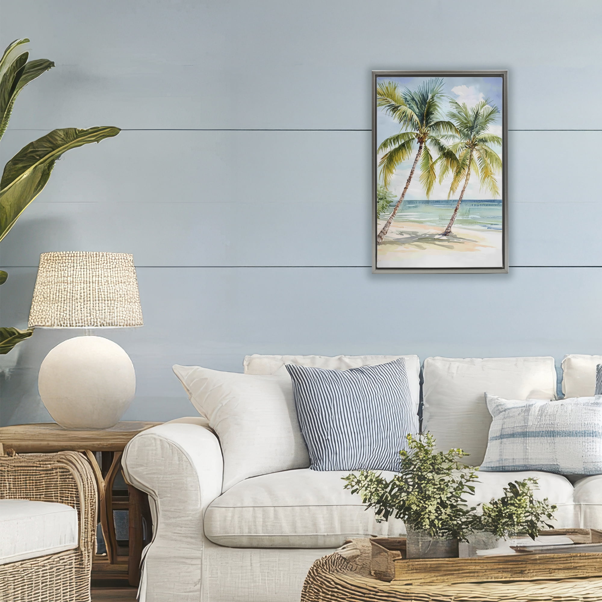 Stupell Industries Shady Palm Beach Escape Gray Framed Floater Canvas Wall Art, design by Petal Prints Design