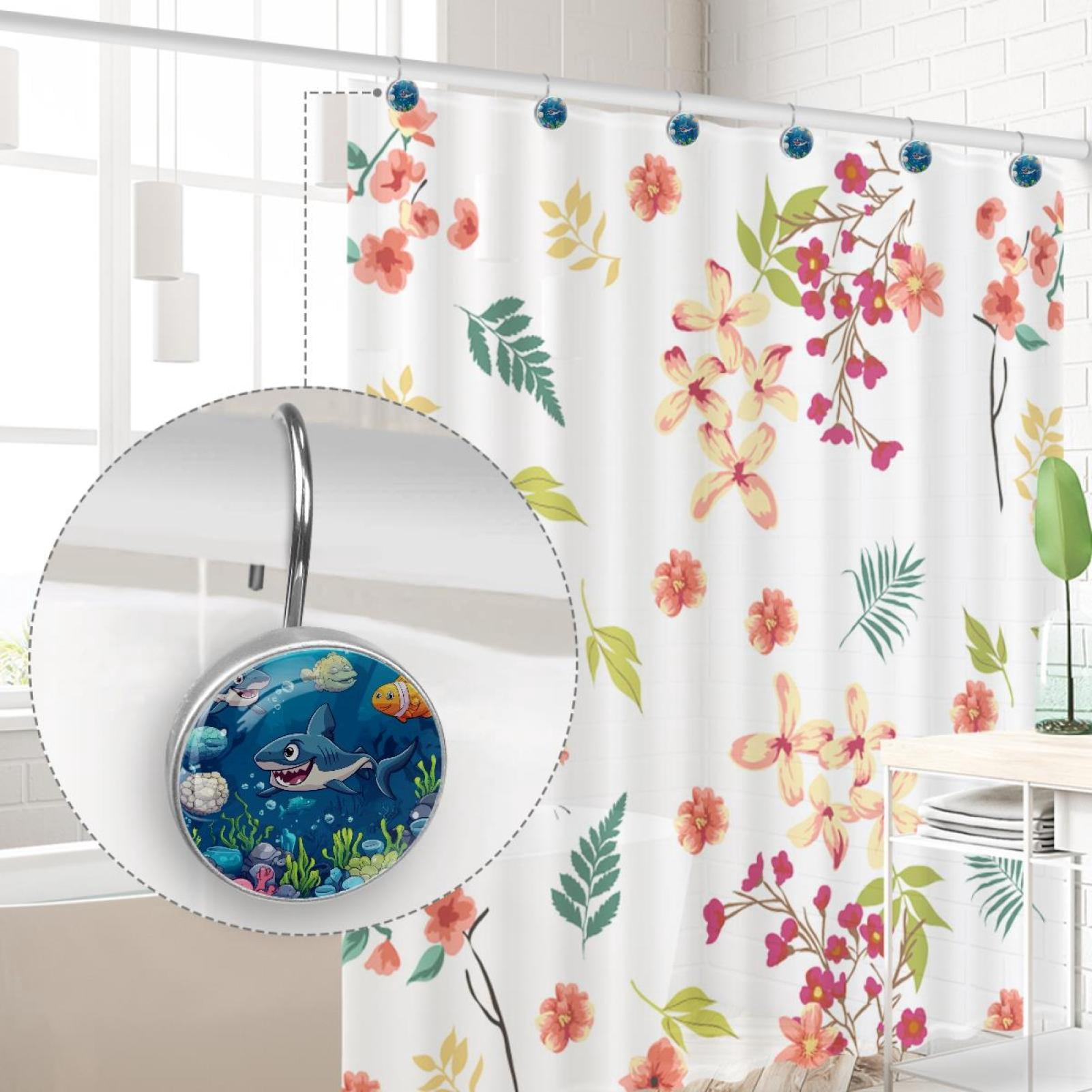 Cartoon under Sea Shark Fish Shower Curtain Hooks Round Crystal Glass, Set of 12 Shower Curtain Rings - Shower Hooks for Curtain Shower Rings