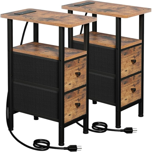 Living room narrow side table set of two with charging station, slim side table with fabric drawer, brown