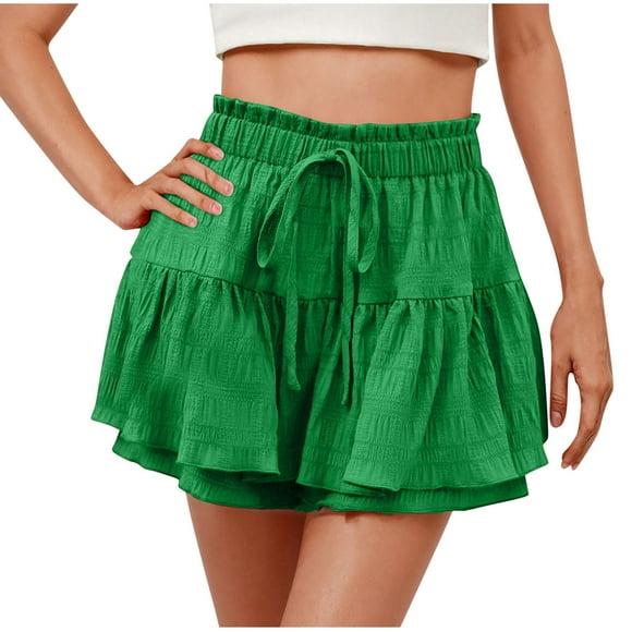 Plebaso Flowy Shorts for Women 2025 Ruffle Tiered Drawstring Skorts Summer Casual High Waist Mini Skirts