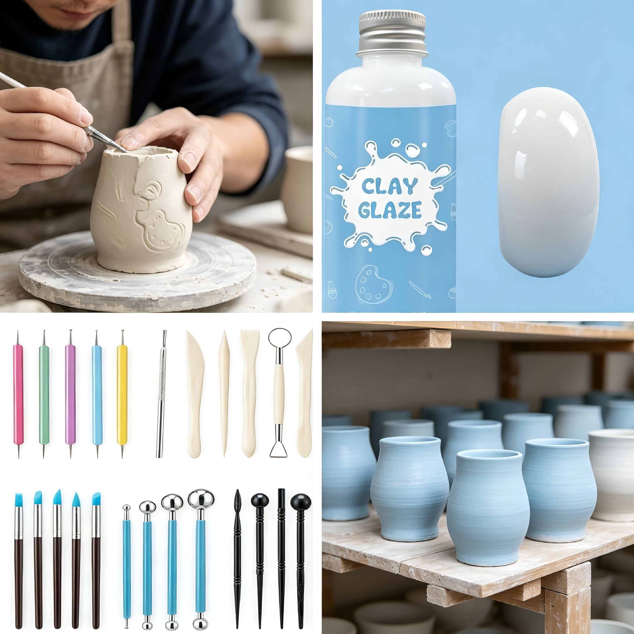 EXLEAF 100Ml Air Dry Clay Glaze and 29Pcs Clay Tools Kit,Gloss Clay Varnish Protects Clay From Surface Wear,Pottery Tools for Stippling,Carving,Molding,and Shaping Clay Crafts