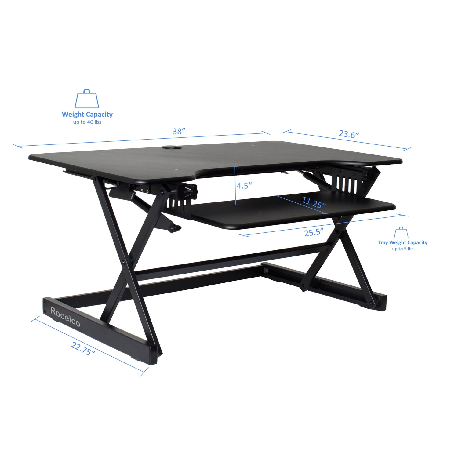 Rocelco 38" Large Height Adjustable Standing Desk Converter | Quick Sit Stand Up Dual Monitor Riser | Gas Spring Assist Computer Workstation | Retractable Keyboard Tray | Black (R DADRB-38)