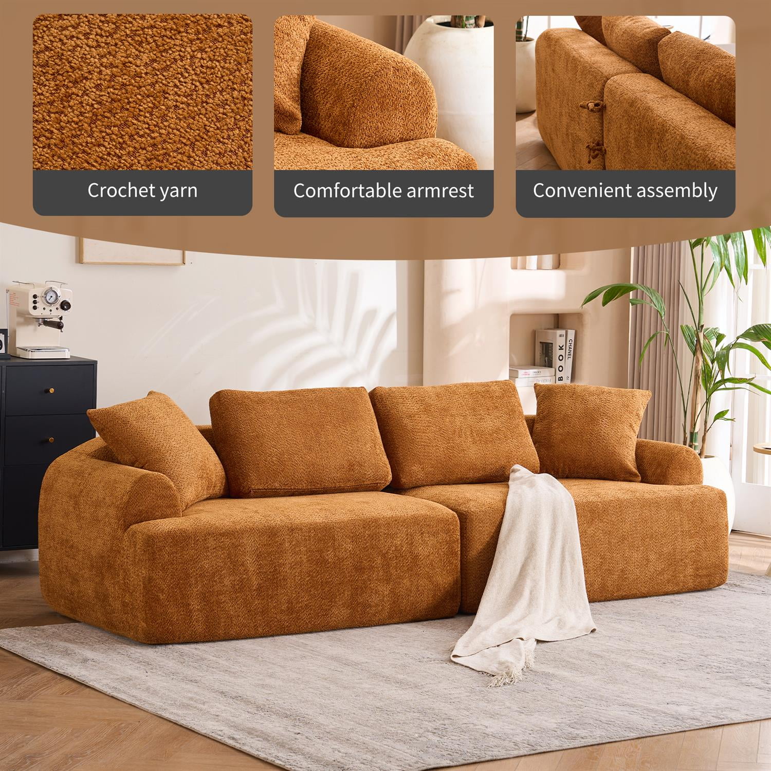 Demi Bonn 103" 4-Seater Crochet Yarn Fabric Sofa with Full Sponge for Living Room, 4 Pillows for Living Room, Office, Modern Couch Furniture, Orange
