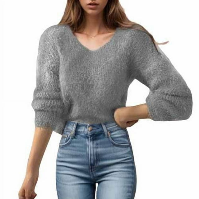 Timegard Womens Sweaters Fall Winter Casual V Neck Fleece Comfy Long Sleeve Pullover Tops Solid Color
