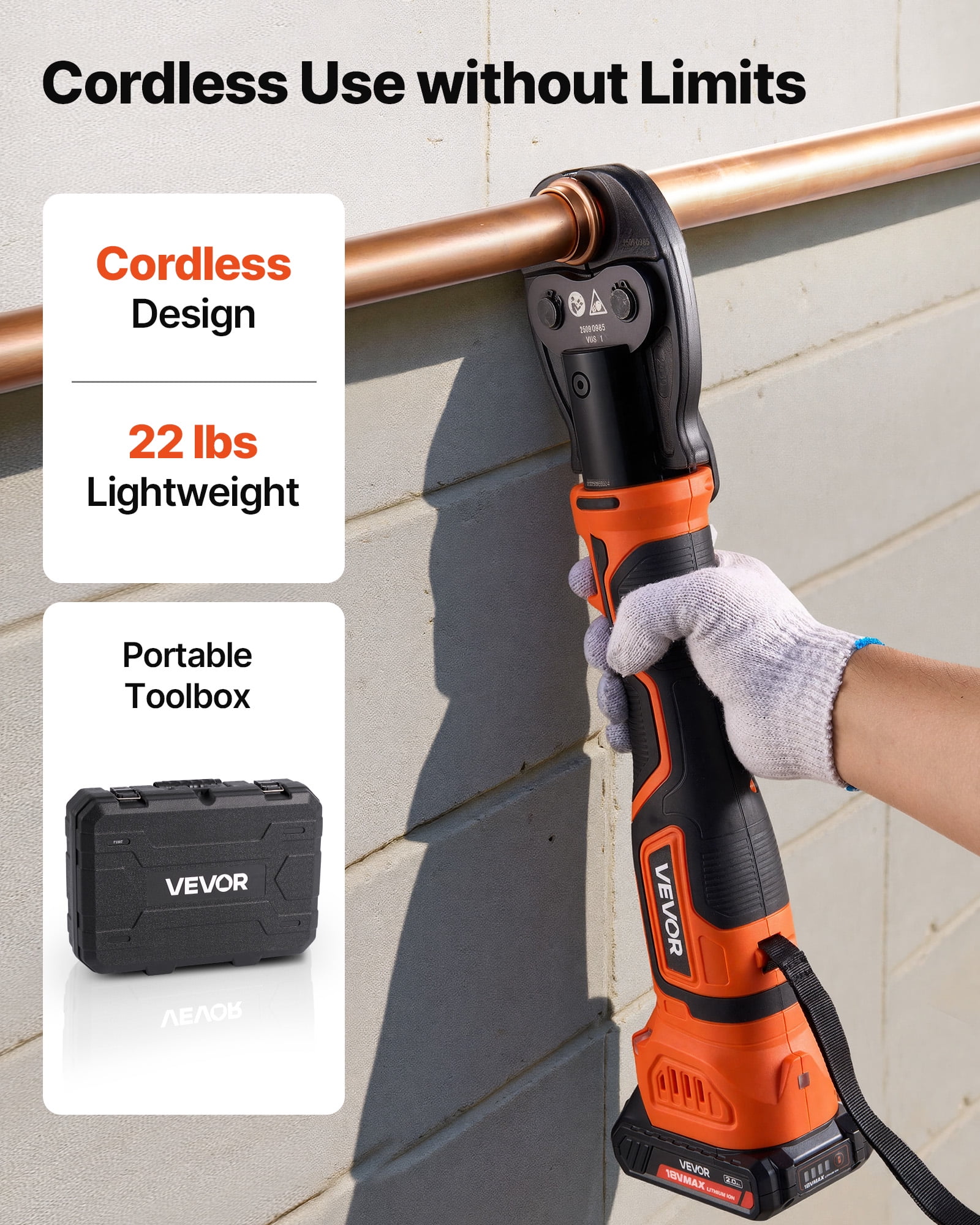 VEVOR ProPress Tool Kit, 18V Electric Pipe Crimping Tool for 1/2", 3/4", 1" Copper Tubes, Pro Press Copper Crimper Tool with 3 VUS Press Jaws, 2pcs 2AH Batteries, Fast Charger & Carrying Case