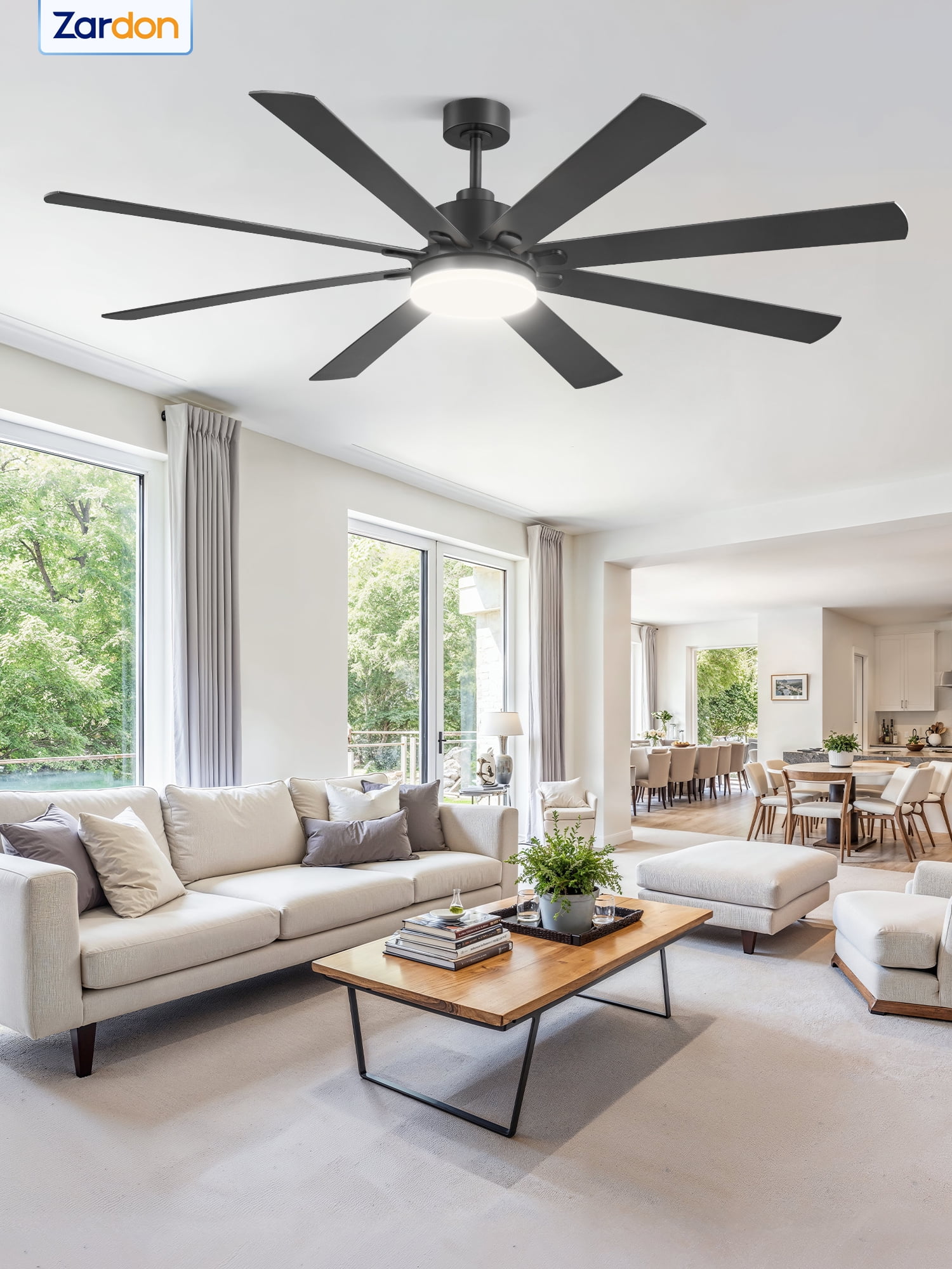 Zardon 72in Ceiling Fan with Light and Remote Control, Large Modern Ceiling Fan with 6 Speeds Reversible, for Indoor Outdoor, Patios, Black