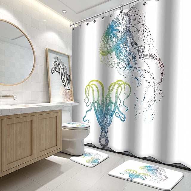 HTOOQ White Jellyfish Shower Curtain Sets with Rugs and Toilet Lid Cover and Bath Mat for HTOOQ , Ocean Animal Print Shower Curtain Sets with 12 Hooks, Waterproof Durable HTOOQ Decor Set
