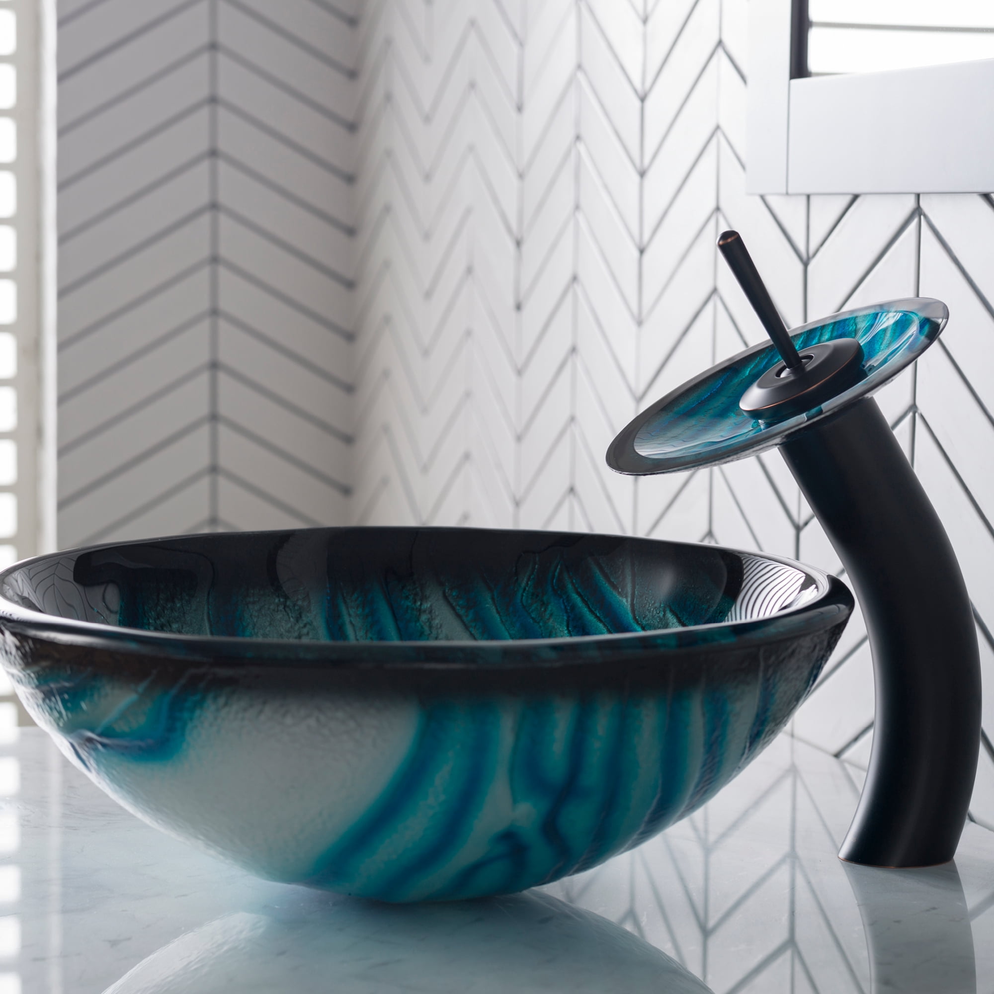 KRAUS Nature Series Blue Glass Bathroom Vessel Sink and Waterfall Faucet Combo Set with Matching Disk and Pop-Up Drain, Oil Rubbed Bronze Finish