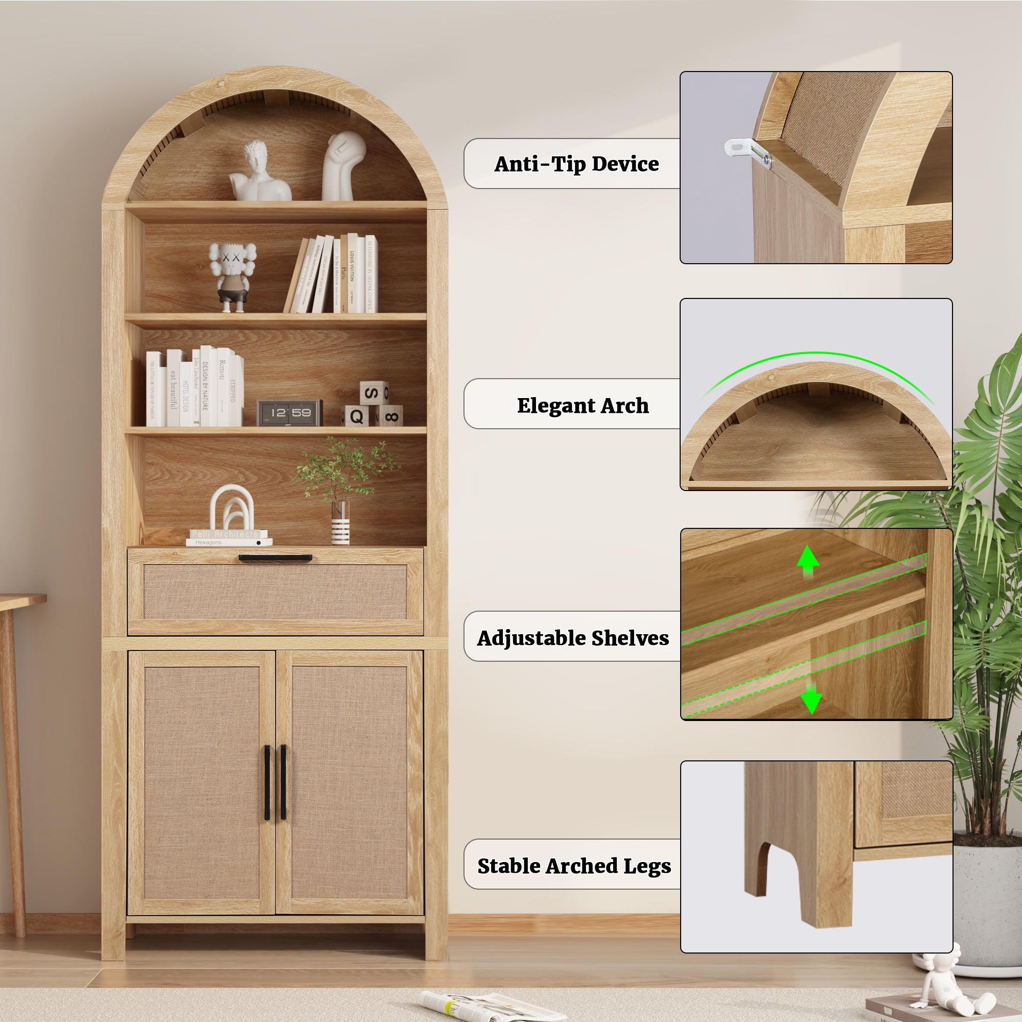 LEFHDA 78" Tall Bookshelf, Arched Bookcase with Drawers, Boho 6-Tier Bookshelf with Storage, Rattan Open Display Storage Shelf Bookshelf for Living Room Bedroom & Classroom(Oak)