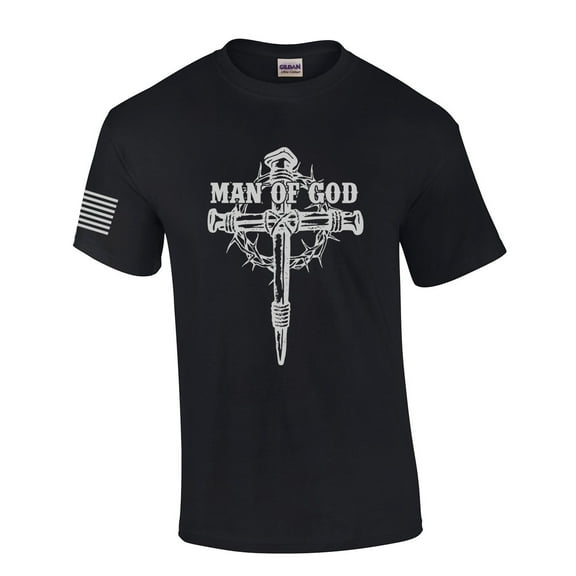 Man of God Nail Cross Crown of Thorns Mens Christian Short Sleeve T-Shirt Graphic Tee-Black-small