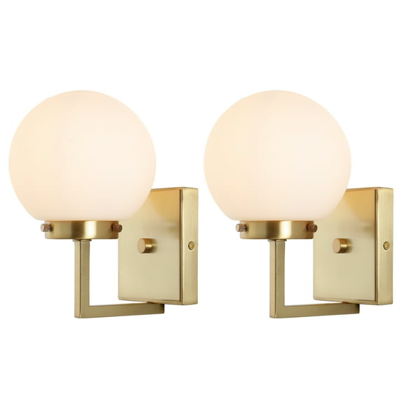 SAFAVIEH Ganon Incandescent Satin Brass Metal Wall Sconce with White Glass Shade, Set of 2