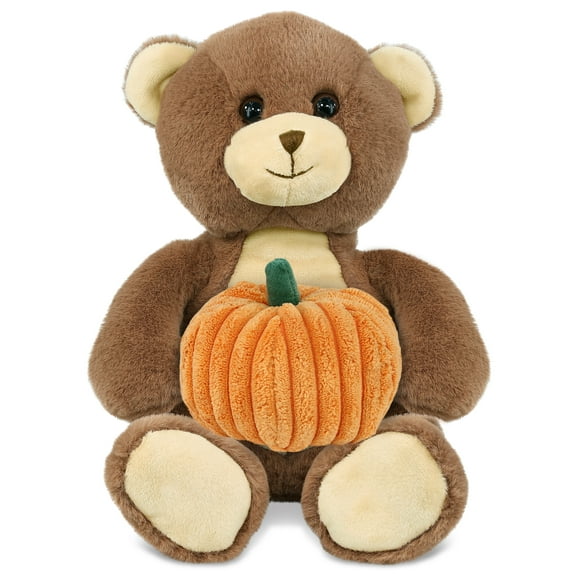 DolliBu Super Soft Plush Brown Bear Stuffed Animal with Pumpkin Decor - Pumpkin Plush Animal for Fall, Halloween and Thanksgiving, Pumpkin Toy for Baby, Kids, Adults - 10 Inches