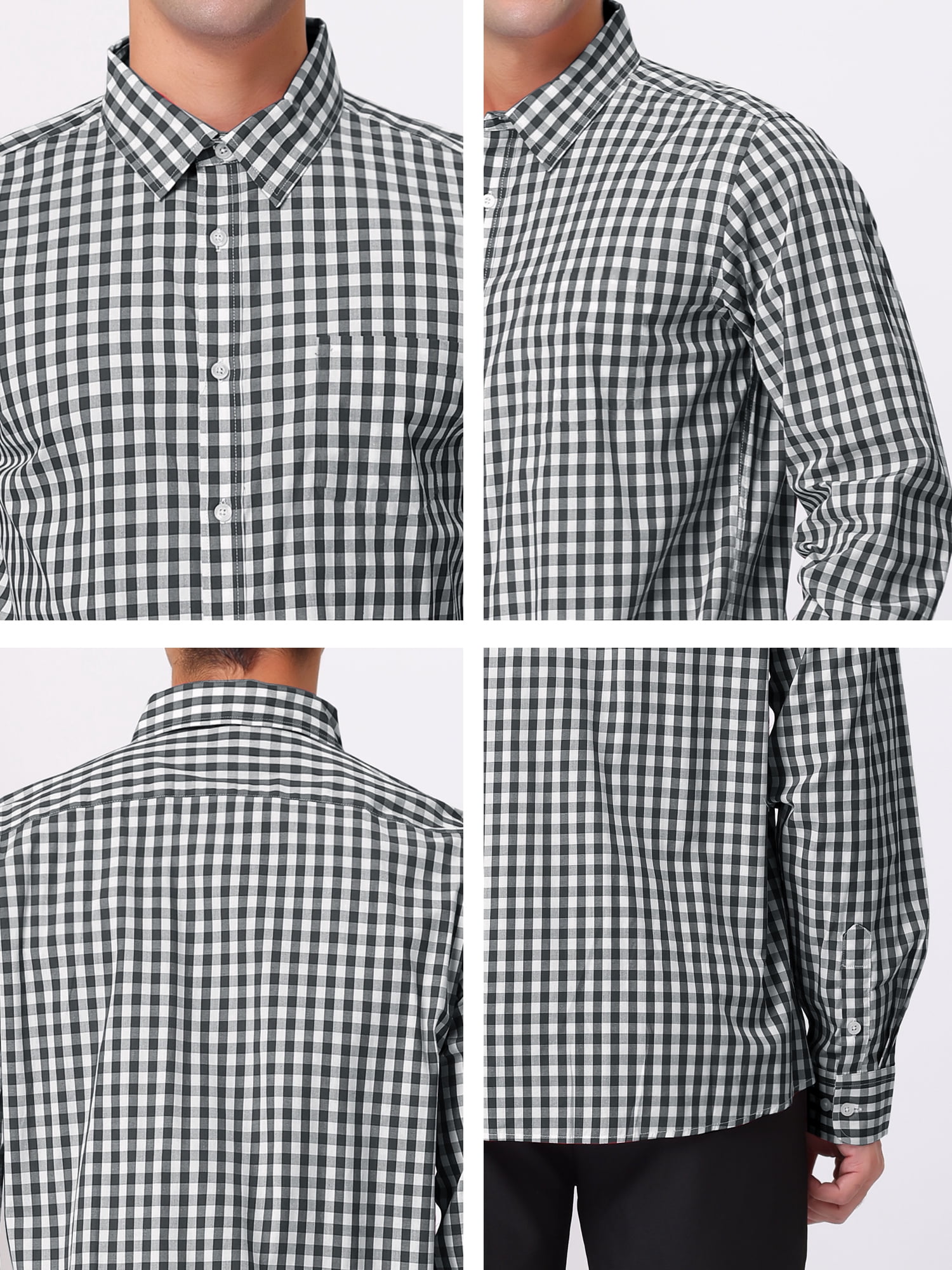 Unique Bargains Men's Plaid Button Down Long Sleeves Dress Checkered Shirts XL Black White