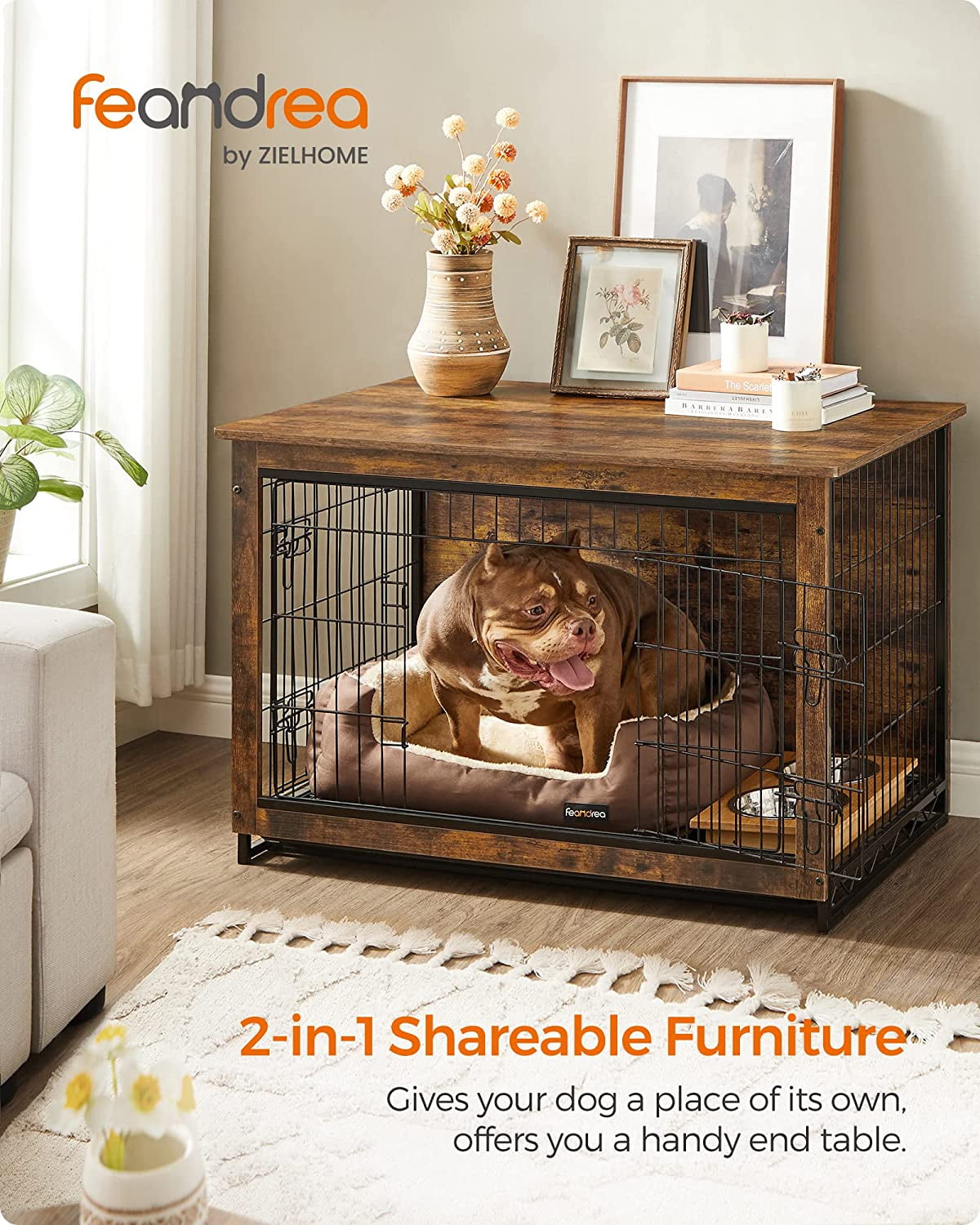 Wooden Dog Crate Furniture,Double-Doors Kennel for Dogs Indoor up to 70 lb, Removable Tray, End Table Dog Crate for Decoration 38.6"L x 25.6"W x 26.8"H, Rustic Brown