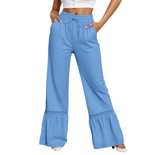Pantalones casuales de pierna ancha para mujer - Dobladillo con volantes y ribete de encaje, cordón, poliéster, vacaciones/fiesta, S-XXL