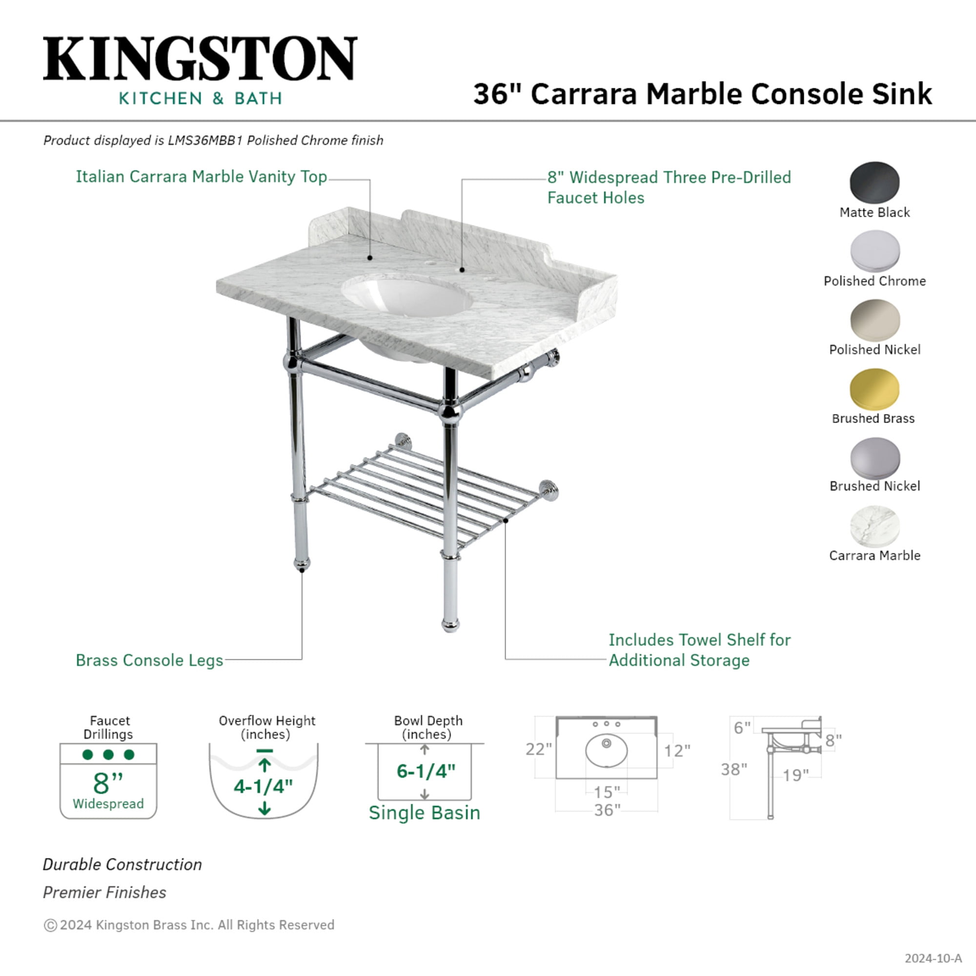 Kingston Brass LMS36MBB8 Pemberton 36" Carrara Marble Console Sink with Brass Legs and Shelf (8-Inch, 3-Hole), Carrara Marble White/Brushed Nickel