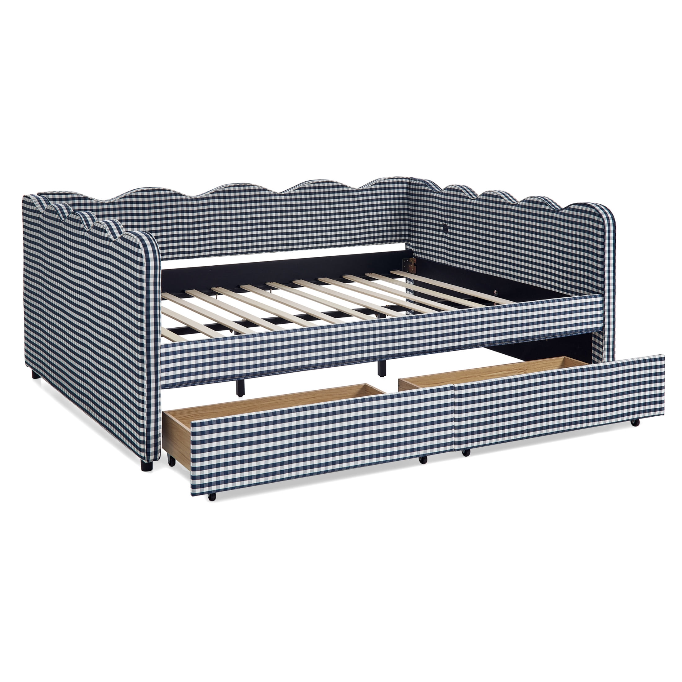 Noble House Corlan Queen Size Waved Daybed, Cozy Gingham Linen Sofa Bed with Storage Drawers and Charging Port, Navy Blue