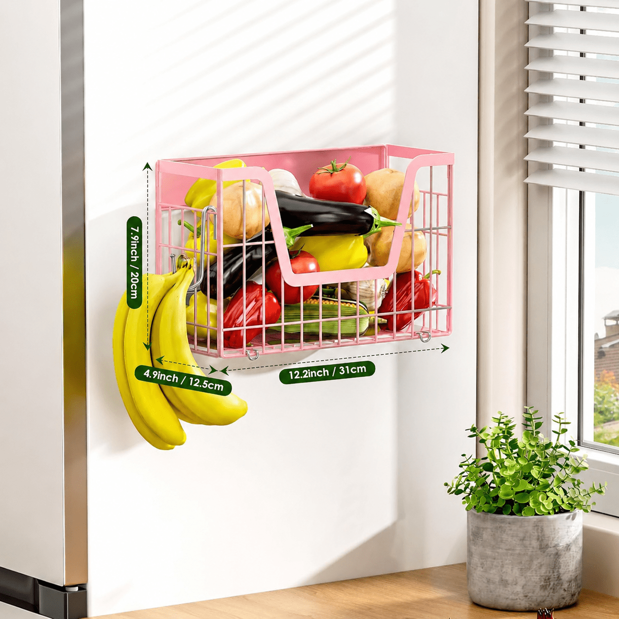 Pink Magnetic Shelf for Fridge, Fruit Potato and Onion Storage Bins, Magnetic Spice Rack Shelves for Side of Refrigerator, Fruit Basket Magnetic Fridge Shelf Kitchen Pantry Storage Organizer
