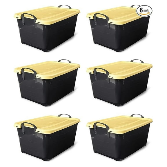 Stackable Storage Bins 6-Pack, 55 Qt Plastic Storage Containers with Lids & Handles, Heavy Duty Utility Organizer for Home, Garage, Closet, Toys, Black/Yellow