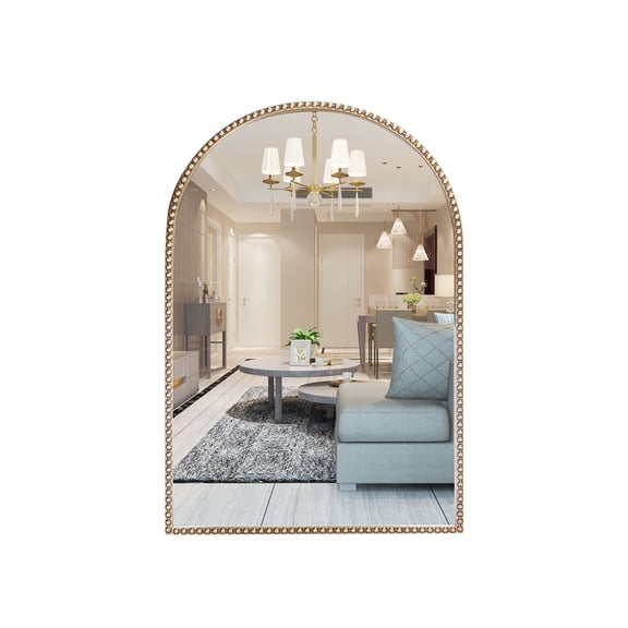 Wemily Arched Wall Mirror for Bathroom, 20"x30"-Ornate Decorative Bathroom Mirror with Beaded Metal Frame - Modern Distressed Hanging Wall Decor for Bedroom/Living Room/Entryway-Antique Gold Mirror