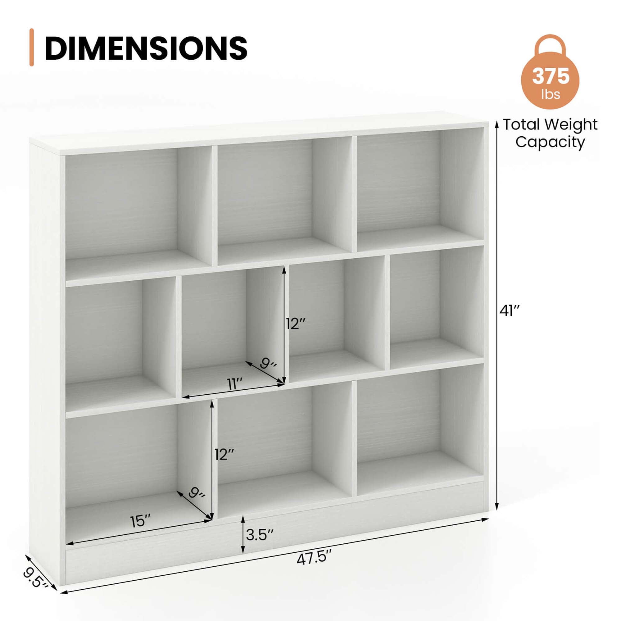 Costway 10-Cube Bookcase for Kids 41"Wooden Toy Storage Organizer for Kid’s Room White