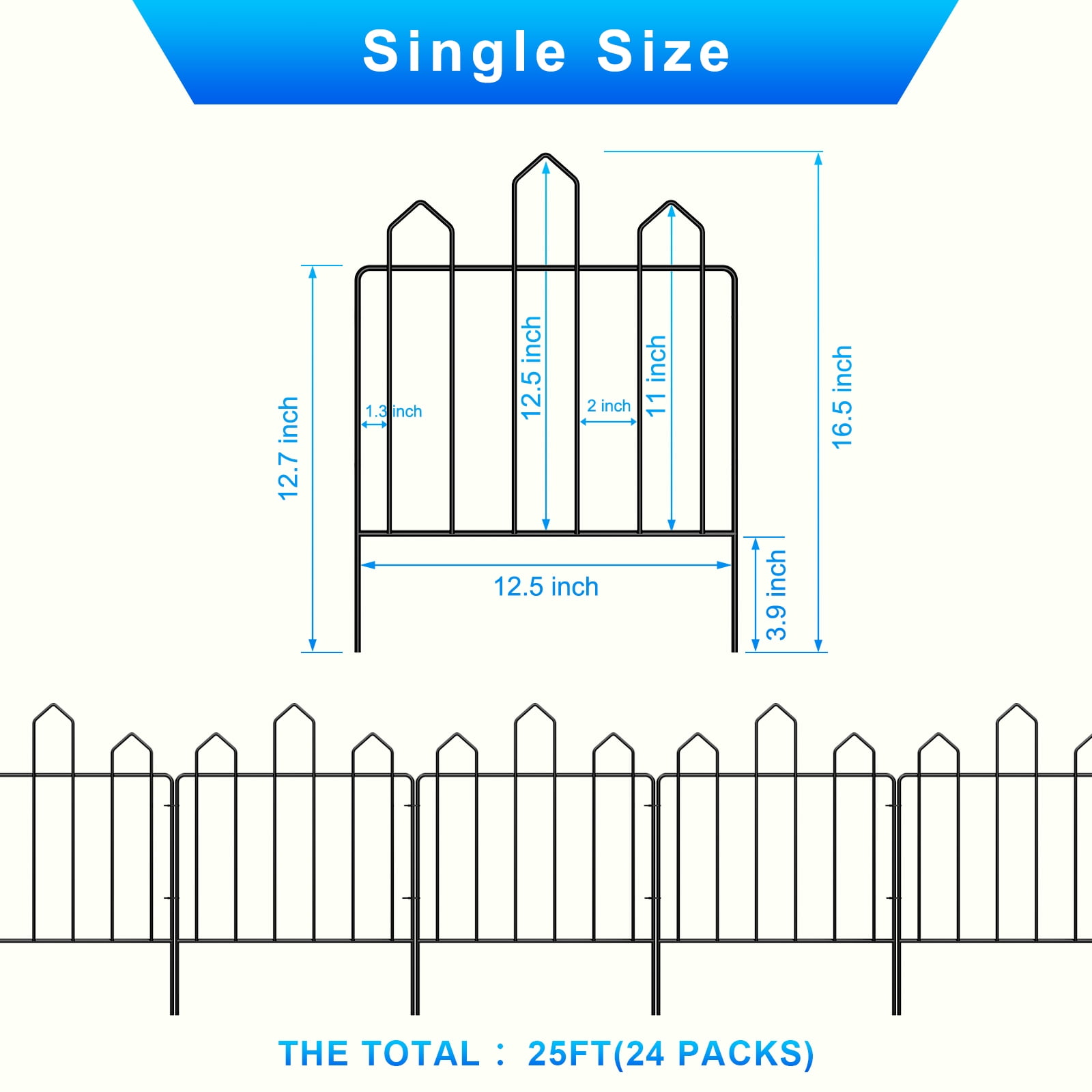 24-Pack Altitude Picket Decorative Garden Fence 26FT Total Length, 24in×13in Black Metal Small Animal Barrier for Yard Patio Flower Bed