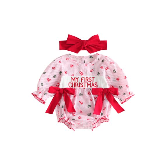 Cjfdfy Newborn Baby Girl Christmas Fall Outfit Christmas Print Romper Bow Snap Bubble Long Sleeve Ruffle Jumpsuit Bow Headband Infant Cute My First Christmas Fall Winter Outfits