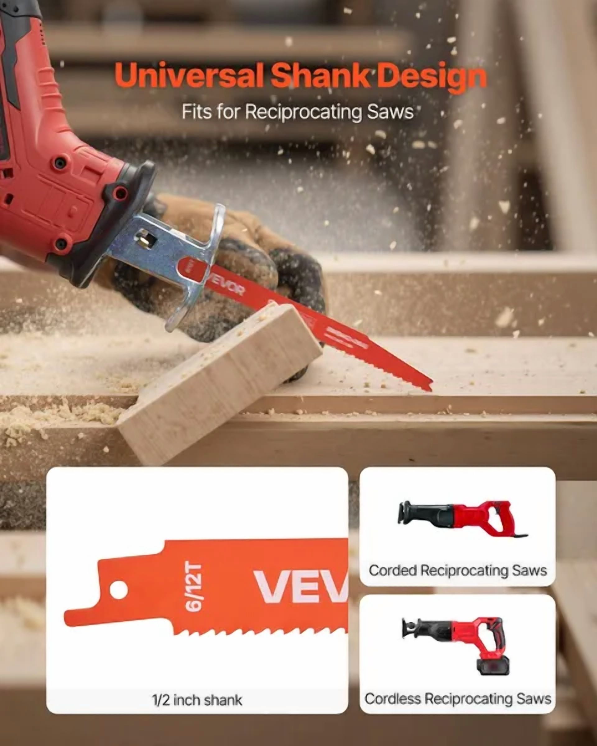25 Pack 6/12 TPI Bi Metal Reciprocating Saw Blades Universal Shank Sharp Teeth for Fast Smooth Cuts Wood Nail Embedded Wood Demolition Orange