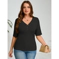 thumbnail image 2 of SHOWMALL Women's Plus Tops Henley Elbow Sleeve Top Casual Ribbed Curved Shirts Black 2X Knit Fitted Effortless Style Top, 2 of 7
