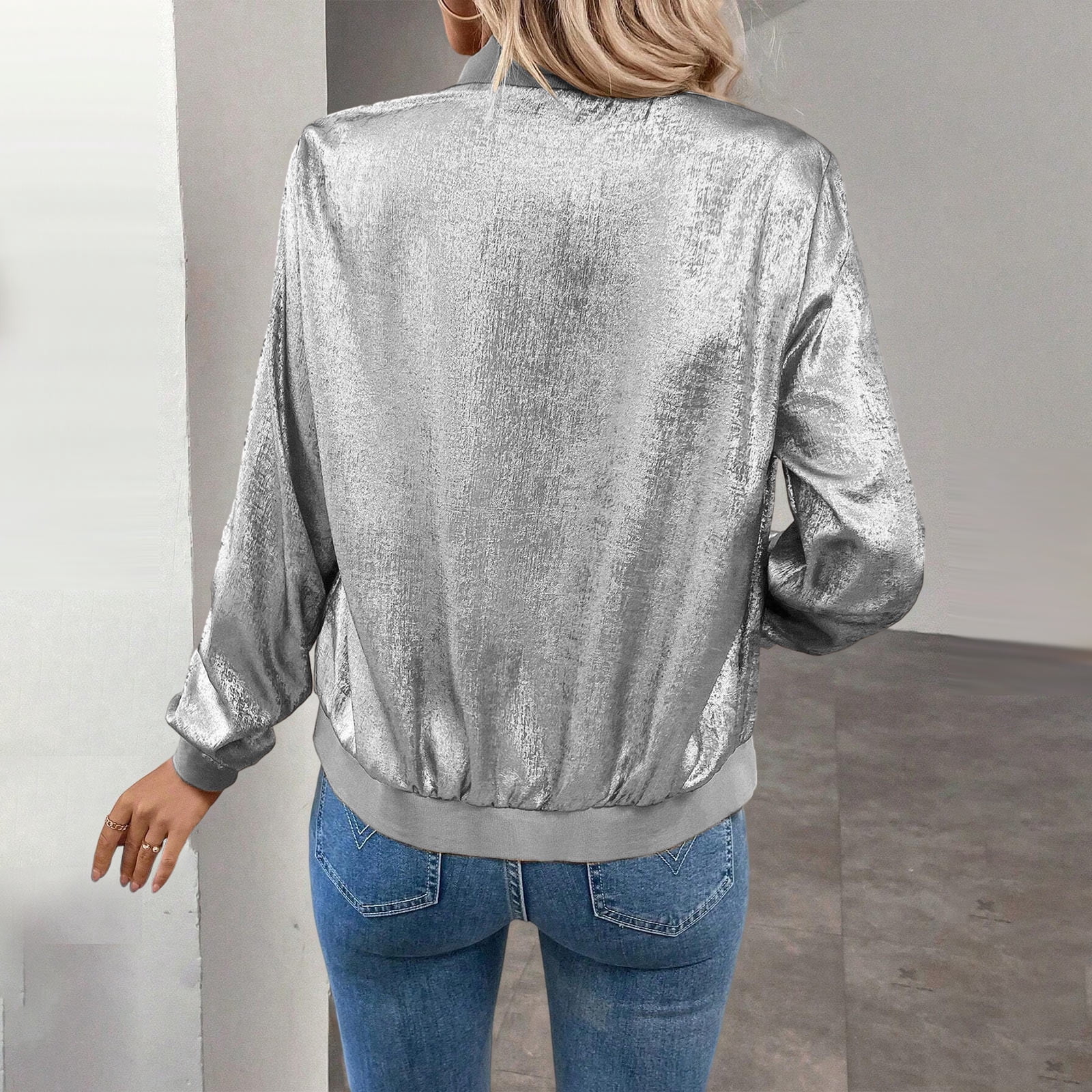 Women's Metallic Zipper Bomber Jacket Outwear Long Sleeve Lightweight Jacket Coats