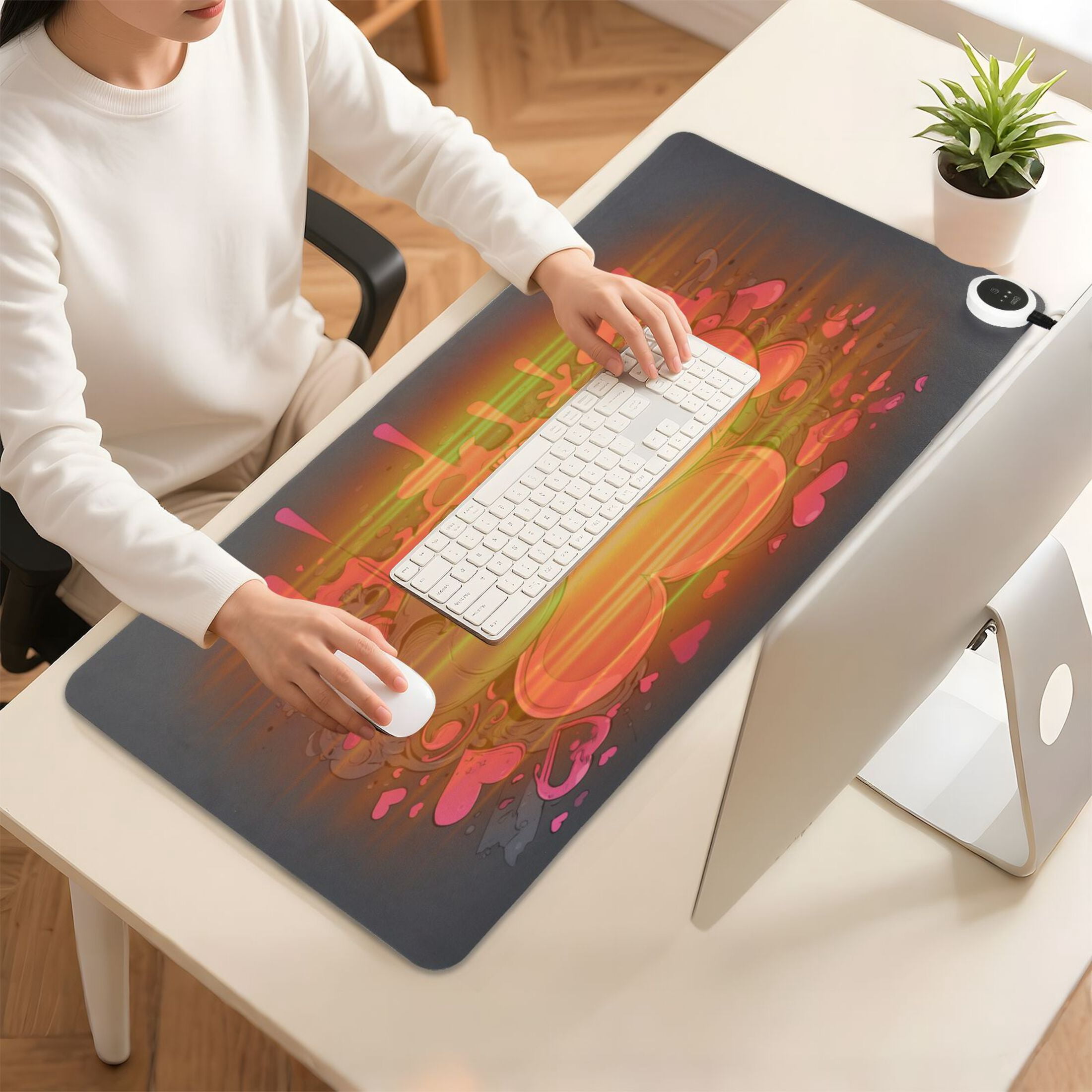 Large Heated Desk Mat Mouse Pad 31.5"x13"PU Leather Graphene Heating Desk Warmer with 3 Temperature Settings 110V US Plug Non-Slip Warm Pad for Home, Office, and Gaming Pink Hearts and Black Skulls