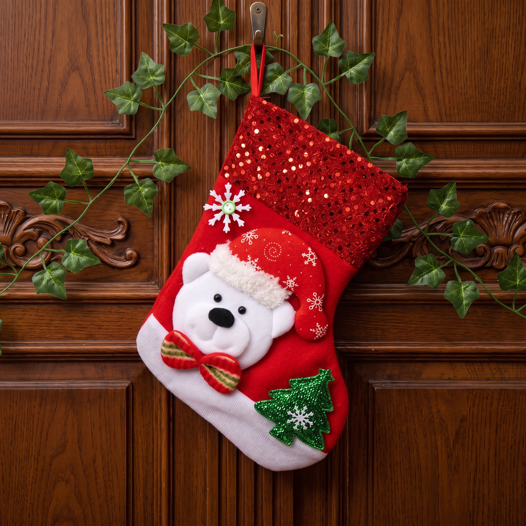 Unique Bargains Christmas Sequins Cuff Felt Xmas Stocking Holiday Gift Bag Bear 10"