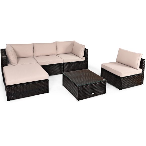 Patiojoy 6PCS Patio Rattan Furniture Set Outdoor Sectional Sofa Set w/Coffee Table & Ottoman Brown