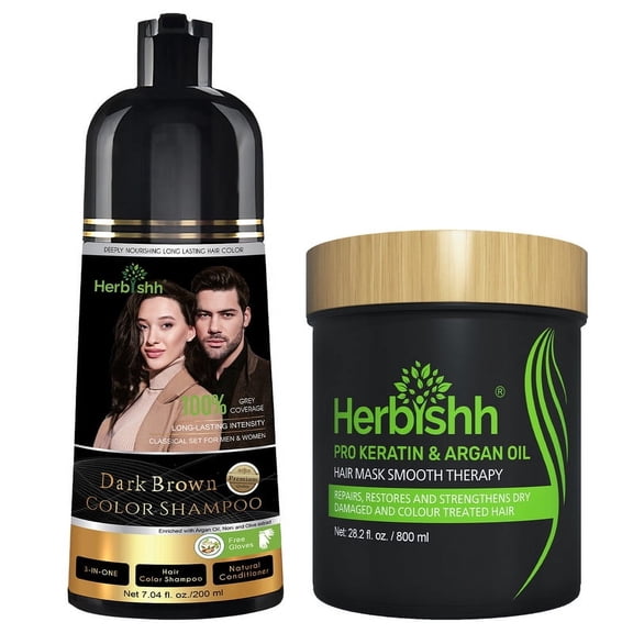Herbishh Dark Brown Shampoo, Hair Dye Shampoo 3 in 1, 100% Grey Coverage, Demi-Permanent Hair Color for Men & Women, With Hair Mask Cream Combo