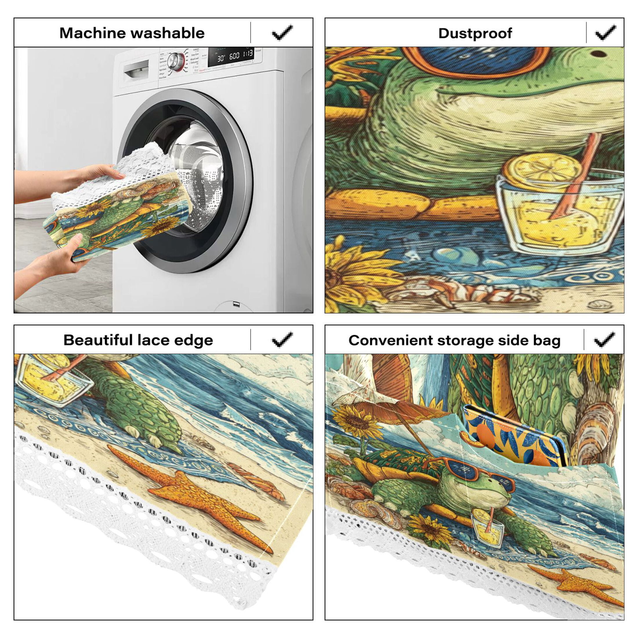 Washing Machine Cover 51.2x22in, Durable Polyester Dust Cover with Lace Trim and Side Pocket for Appliances Summer Turtle