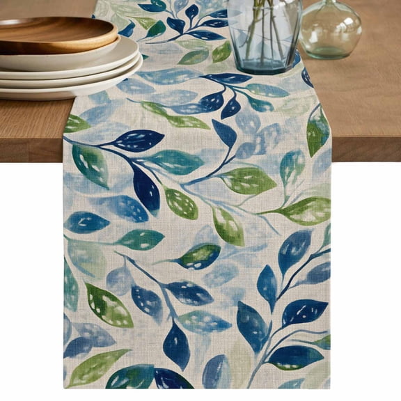 Table Runner Green Blue Leaf Soft Linen Style Table Runner Cloth Spring Leaves Dining Table Decor for Kitchen, Dining Room, Parties, Holiday & Everyday Use 13x36 Inch