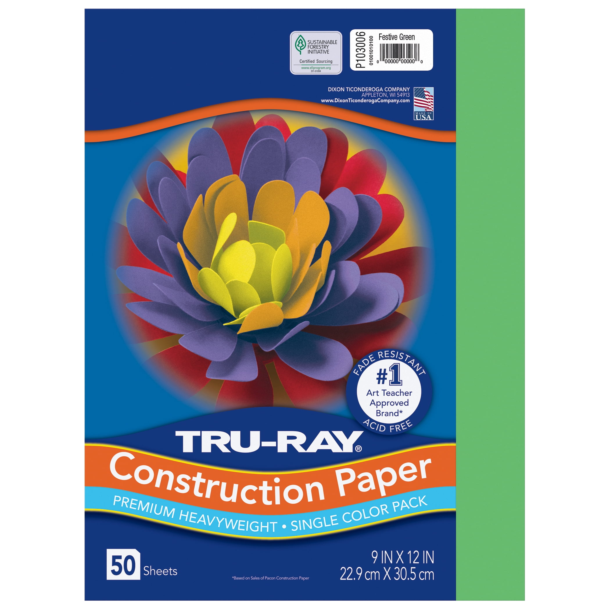 Tru-Ray Construction Paper, Heavyweight, Festive Green, 9" x 12", 50 Sheets Per Pack, 5 Packs