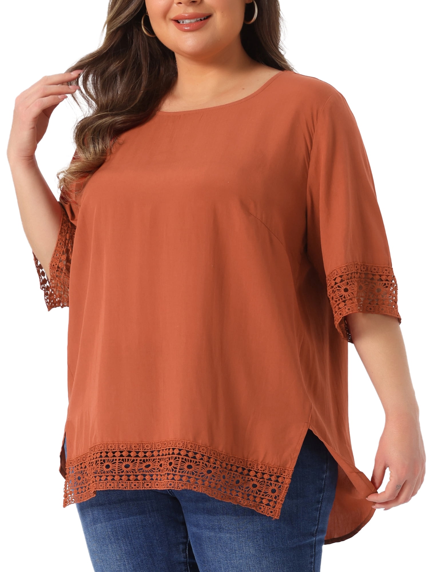 DARING DIVA Women's Plus Summer Tops Lace Crochet  Casual Cowl Neck Blouses 2X Rust Red