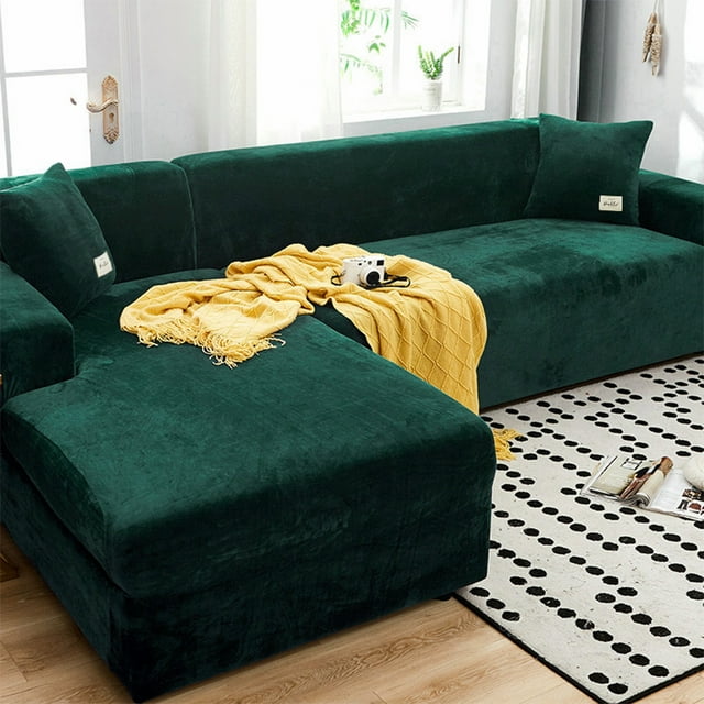 Injueey Funda de sofá con forma de terciopelo de primera calidad para sofá grueso, funda de sofá elástica de tela elástica de ajuste Decoración del hogar verde negruzco