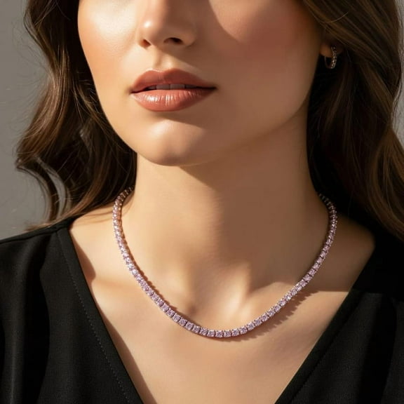 925 Silver Pink Morganite Tennis Necklace for Woman , November Birthstone Jewelry , Layered Choker Necklace , Pink Color Gemstone Necklace