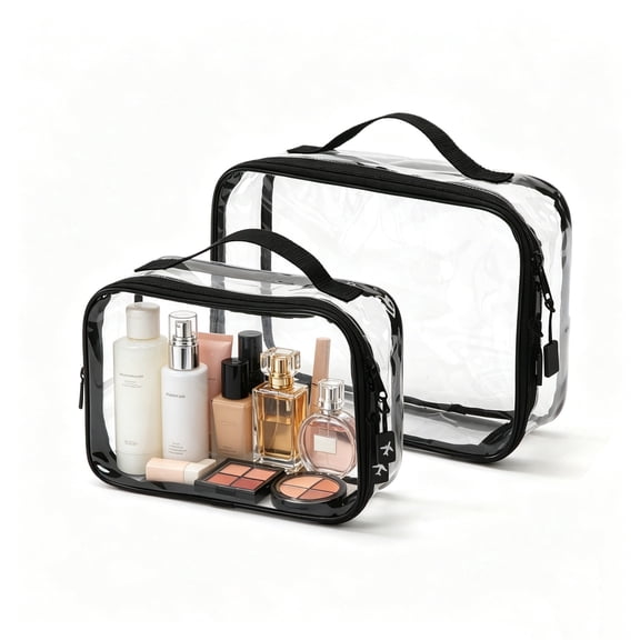 UNIWELL 2 Pack Clear Makeup Bags, TSA Approved Transparent Waterproof Travel Toiletry Cosmetic Bag with Handle for Airport Travel Black