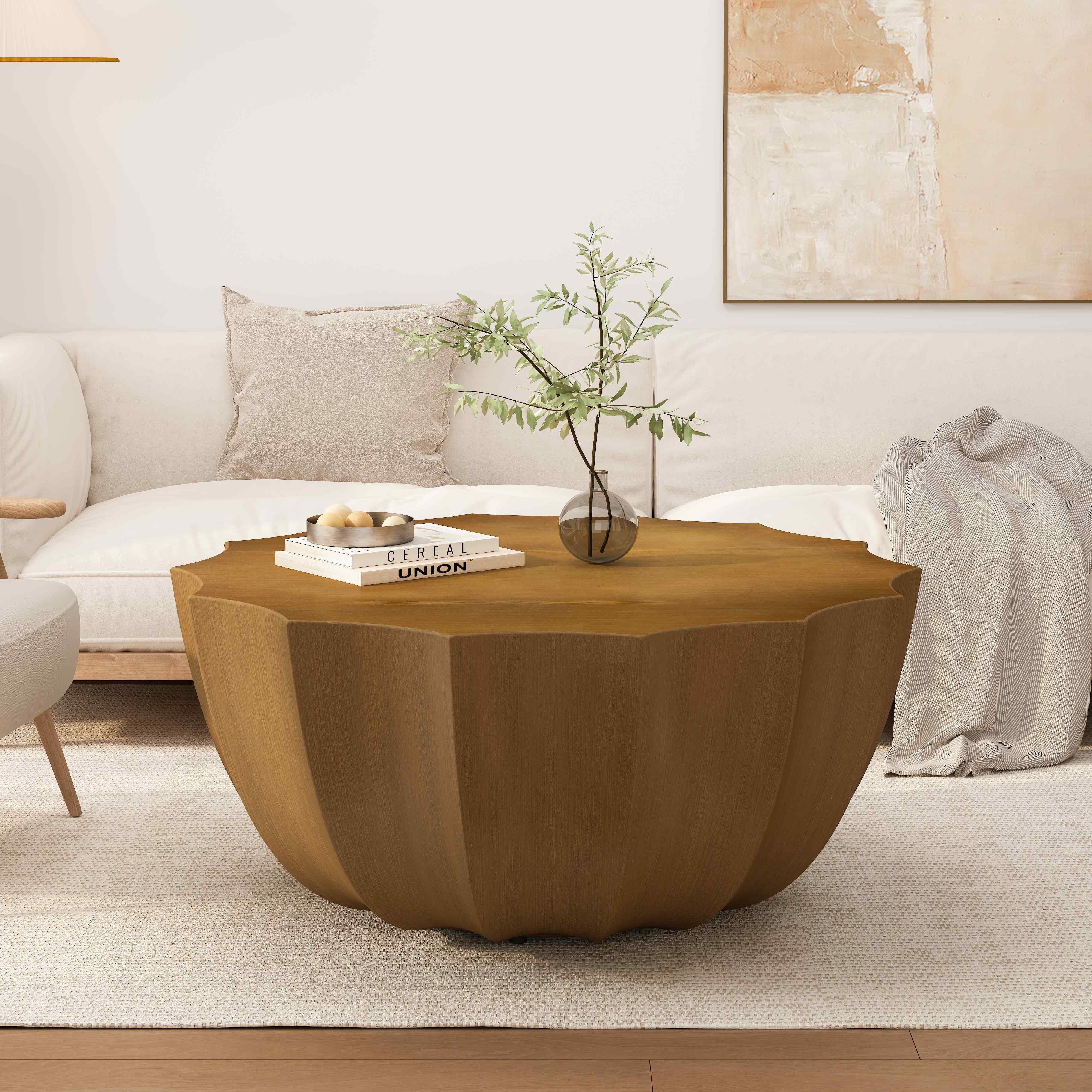 Lunale 35.43" Coffee Table for Indoor & Outdoor, Waterproof Durable MgO Cement Design, Wood Grain