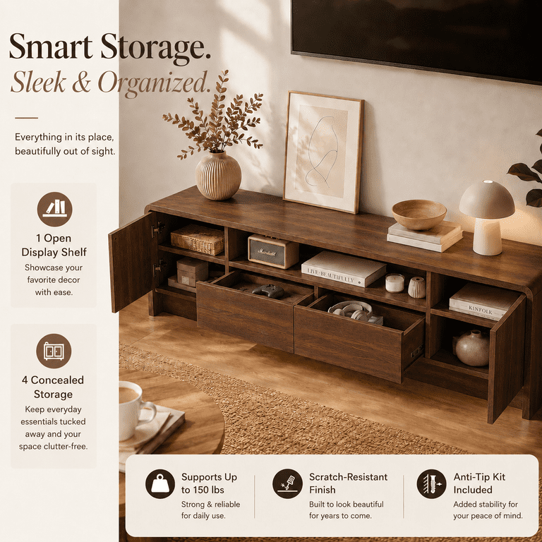 Lacoo 70 Inch TV Stand for 55-75 Inch TVs, Entertainment Center with 2 Drawers and Storage Cabinets, Media Console for Living Room , Walnut