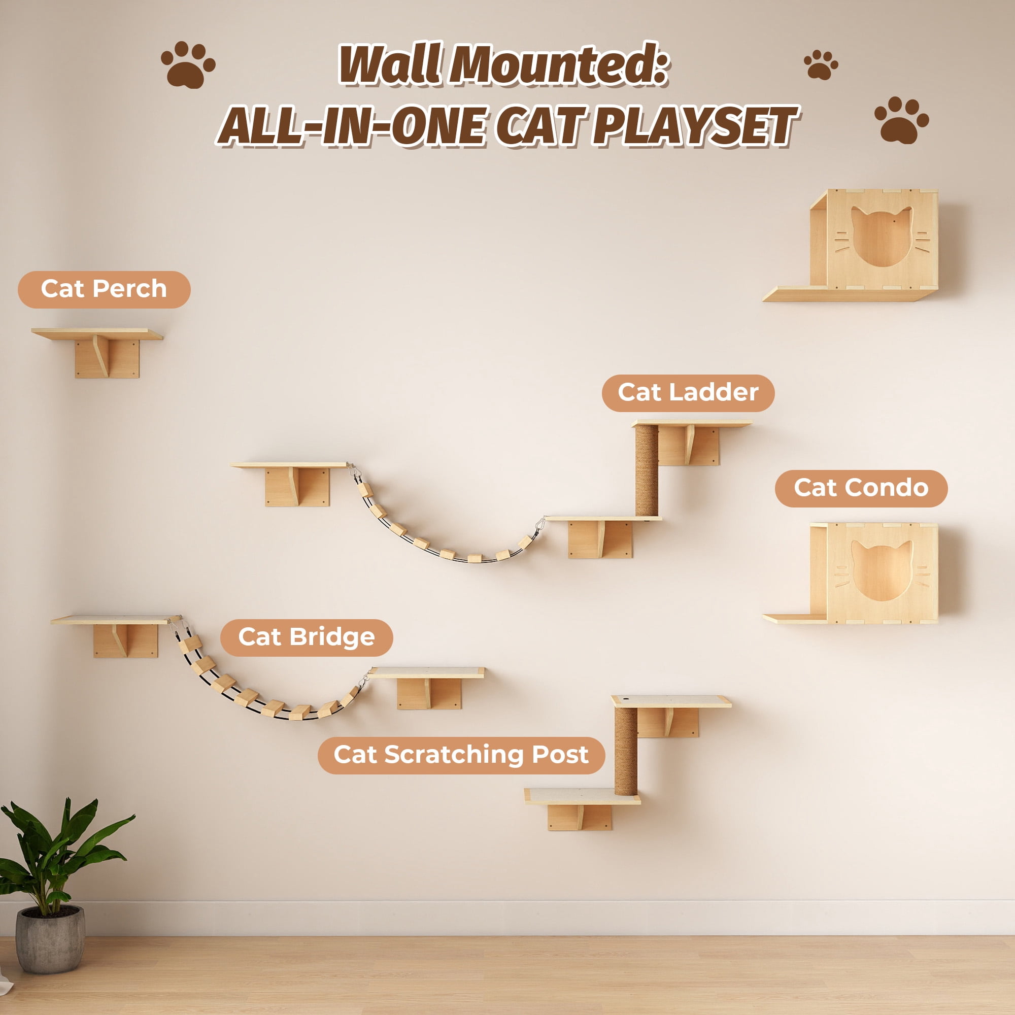 8-in-1 Wall Mounted Cat Shelves Set, Wall Cat Furniture with Scratching Post, Bridge, Condos & Perches for Small/Medium Cats