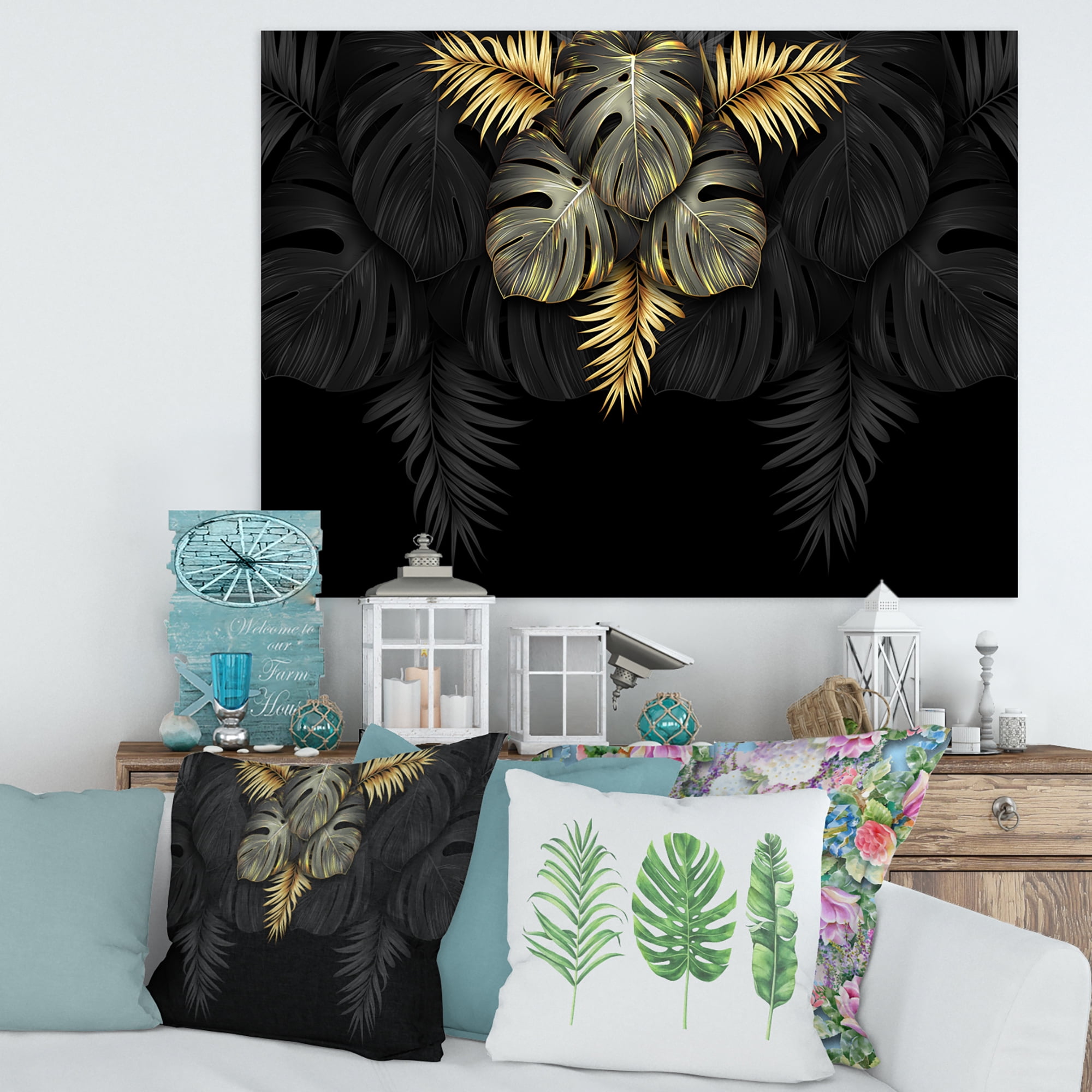 Gold and Black Tropical Leaves IV 32 in x 24 in Painting Canvas Art Print, by Designart