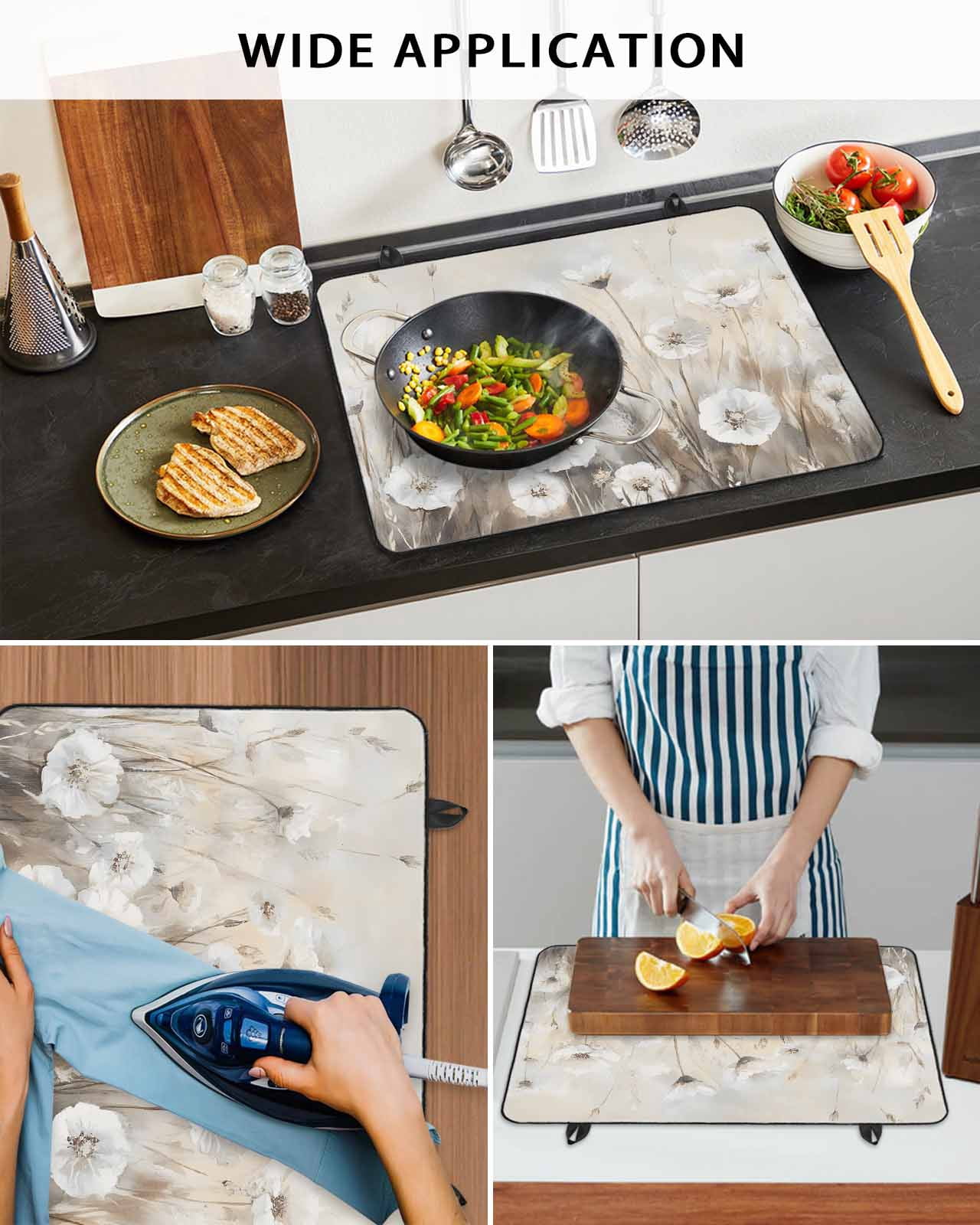 nqOlkjepod Large Induction Cooktop Protector Mat 36"x21", Spring White Floral Stove Top Covers for Electric Stove, Watercolor Vintage Beige Flowers Stove Burner Cover Mats, Glass Top Stove Cover
