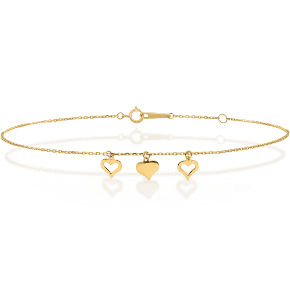14K Solid Yellow Gold 3 Heart Anklet Summer Beach Foot Ankle Bracelet