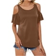 thumbnail image 1 of Timegard Womens Tops Summer Round Neck Cold Shoulder Ruffle Short Sleeve Comfy Tshirts Casual Loose Tops, 1 of 7