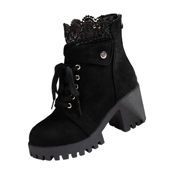 Black High Heel Boots For Ladies Round Toe Laced Lace Back Zipper Thick Heel Fall Winter Dress Boots For Evening And Events Size 41