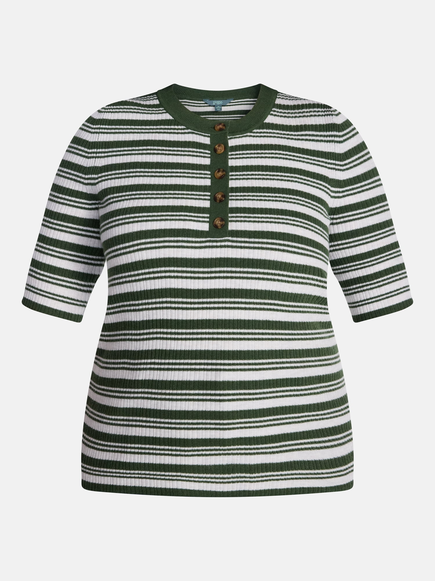 Terra & Sky Women's Plus Ribbed Henley Sweater Top with Elbow Length Sleeves, Sizes 0X-5X